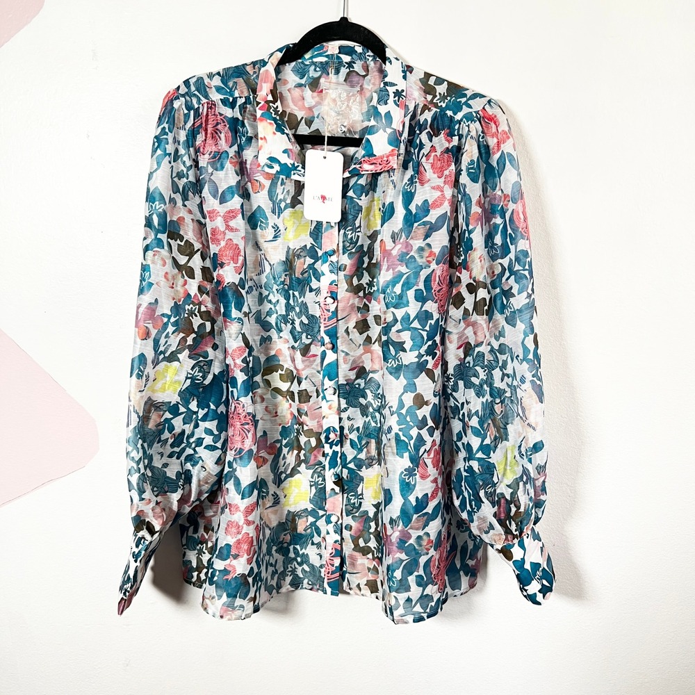 L'atiste By Amy Floral Button Shirt Women's XL Sheer Colorful Artsy Cottagecore